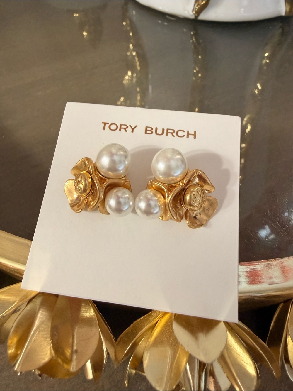 Tory Burch Gold Floral Pearl Cluster Earrings